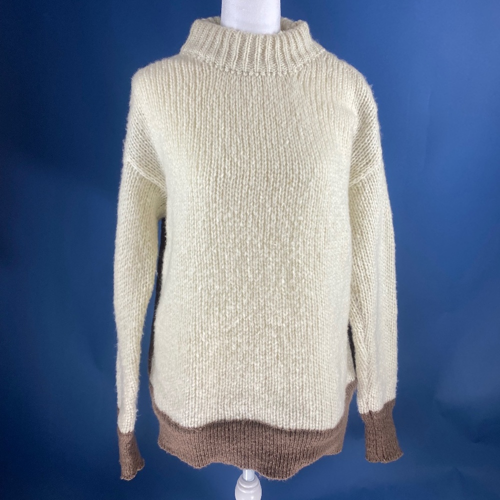 Cream and Brown Mock Neck Oversized Sweater - S